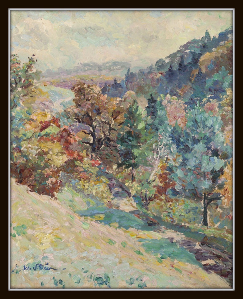 May include: A painting of a landscape with a winding path through a forest. The trees are painted in shades of green, blue, and brown, and the path is lined with yellow and green grass. The sky is a light blue with white clouds.
