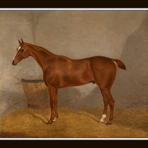May include: A painting of a chestnut brown horse standing in a stable. The horse is facing to the left and has a white blaze on its face. The horse is standing on straw.