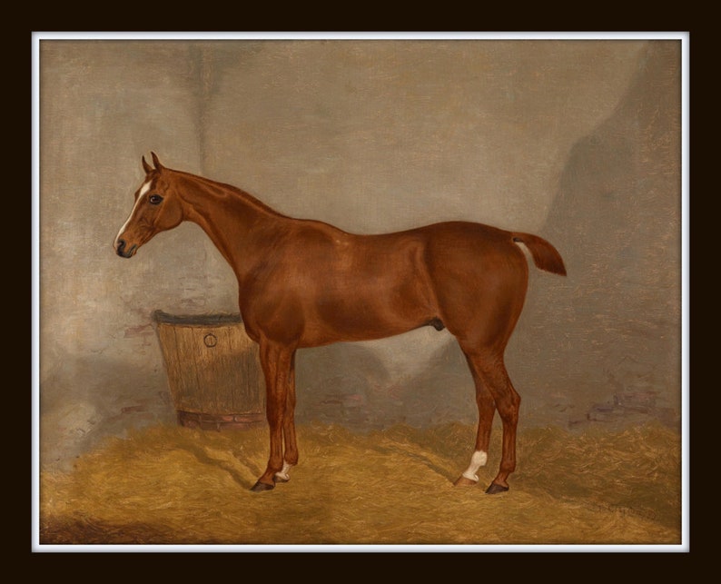 May include: A painting of a chestnut brown horse standing in a stable. The horse is facing to the left and has a white blaze on its face. The horse is standing on straw.
