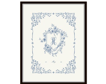 Custom Monogram Family Crest Print, Botanical Crest, Wedding Crest Print, Home Gift, Wedding Gift, Gift for Mom, Baby Gift, Nursery Decor