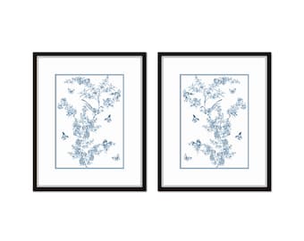 Watercolor Blue Chinoiserie Collage Print Set No. 14, Bird and Botanical Print Set, Botanical Prints, Bird Prints, Chinoiserie Decor