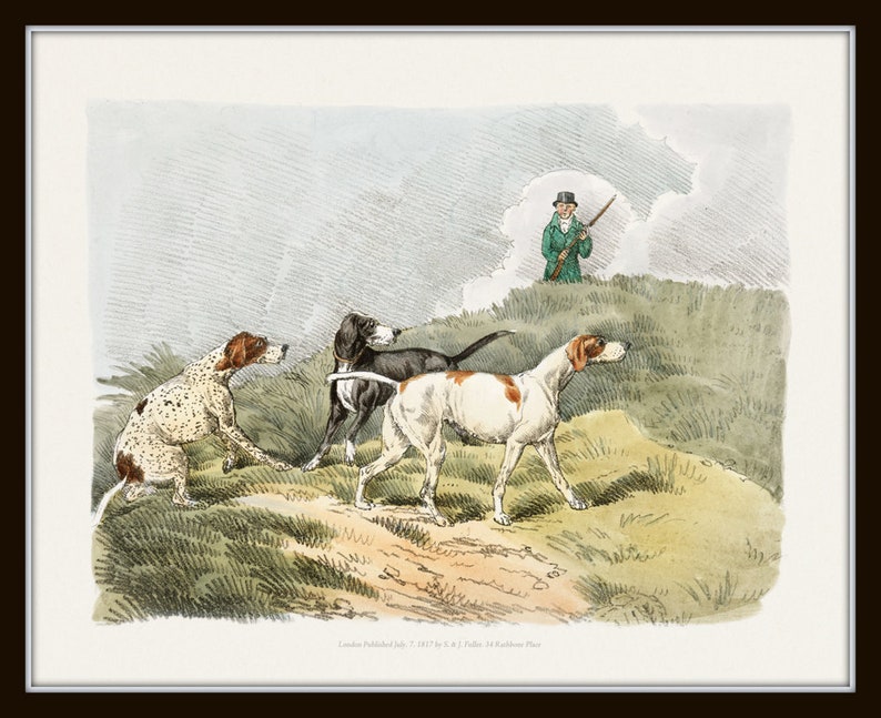May include: A vintage illustration of three hunting dogs in a field with a hunter in the background. The dogs are a white and brown pointer, a black and white pointer, and a brown and white pointer. The hunter is wearing a green jacket and a top hat. The illustration is done in watercolor and has a light, airy feel.