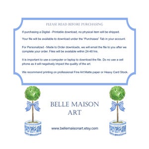 May include: A digital printable download of a watercolor painting of a topiary tree in a blue and white planter with a blue bow. The text "Belle Maison Art" and the website address "www.bellemaisonart.etsy.com" are below the image.