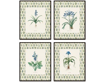 French Blue Botanical Print Set with Floral Block Print Border, Botanical Print Set, Botanical Art, Blue Floral Art, Grandmillennial Art