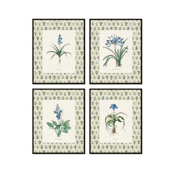 French Blue Botanical Print Set with Floral Block Print Border, Botanical Print Set, Botanical Art, Blue Floral Art, Grandmillennial Art