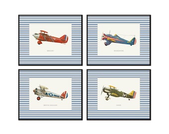 Láminas de aviones vintage con borde de rayas azules, decoración del hogar, arte mural, regalo para él, decoración para habitación de niño, decoración infantil.