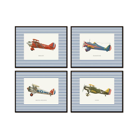 Vintage Airplane Art Prints with Blue Striped Border, Vintage Plane Art, Home Decor, Wall Art, Gift for Him, Boys Room Art, Nursery Art