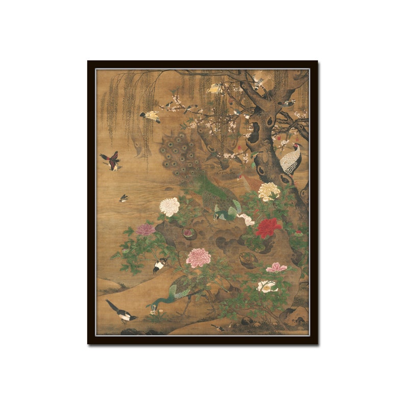 Vintage Chinoiserie Tapestry No. 1, Chinoiserie Art, Botanical Art Print, Giclee, Bird and Flower Print image 1