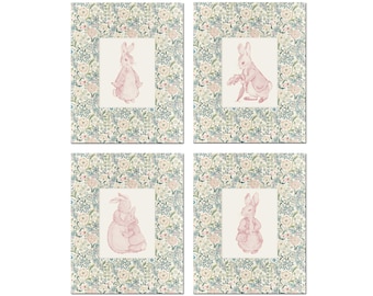 Conjunto de collage rosa de Peter Rabbit, láminas de arte para habitación infantil, decoración para habitación de niña, arte rosa para habitación infantil, lámina de arte de William Morris