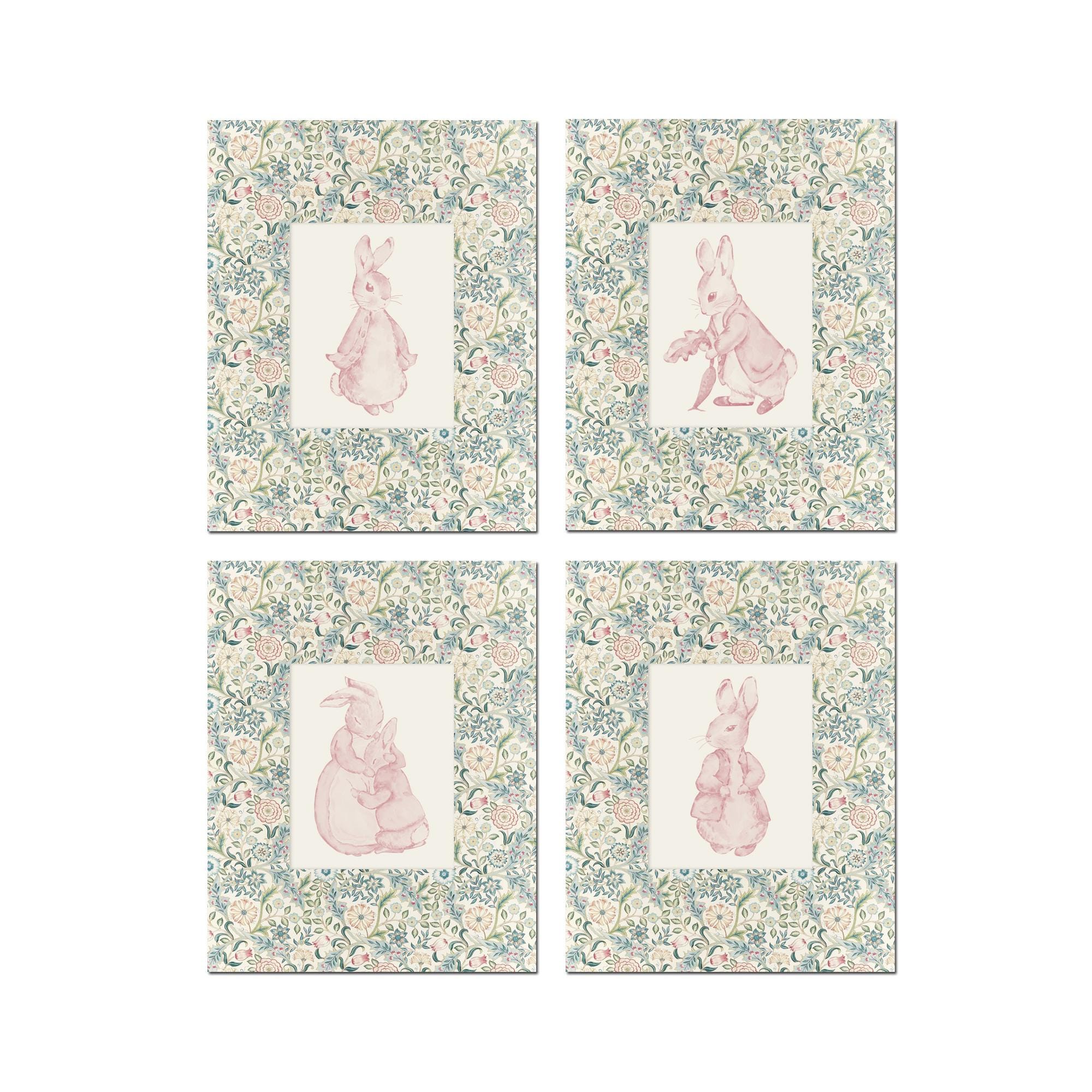 Conjunto de collage de Peter Rabbit en color rosa, impresiones artísticas para guarderías, decoración de guarderías, habitación de niñas, arte rosa para guarderías, decoración artística para guarderías, impresión artística de William Morris