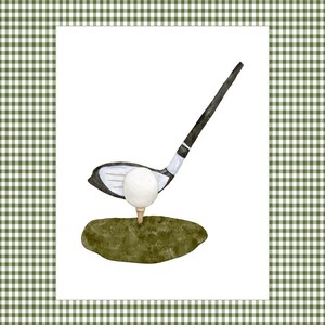 May include: A watercolor illustration of a golf club and ball on a green patch of grass.