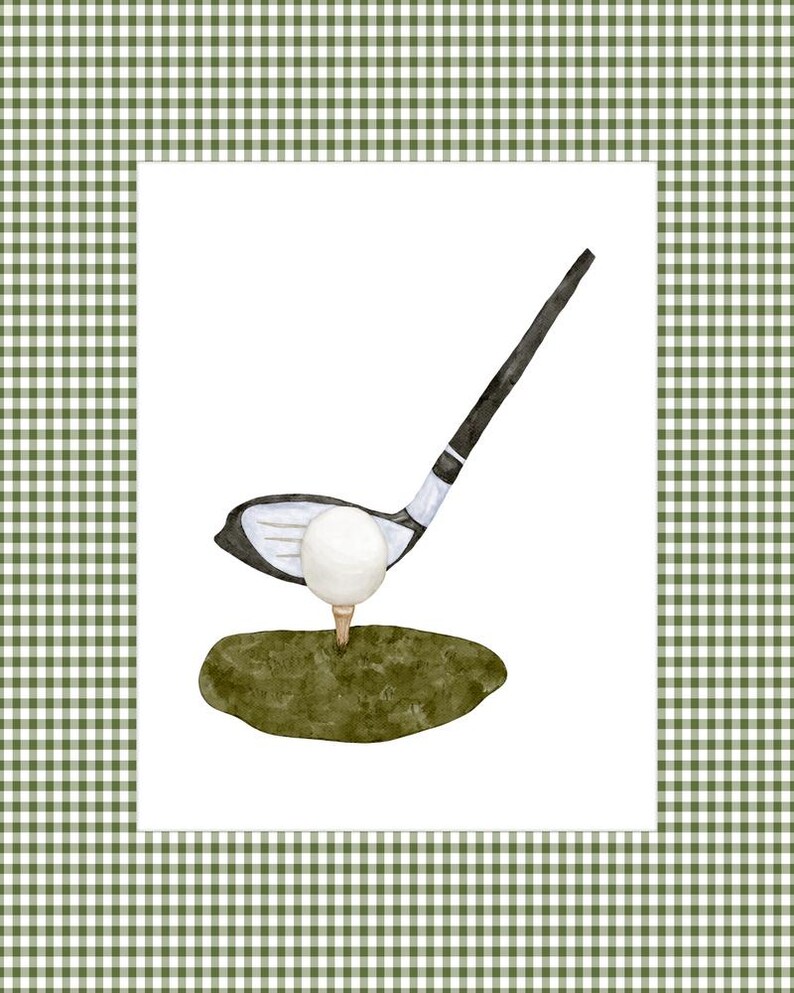 May include: A watercolor illustration of a golf club and ball on a green patch of grass.