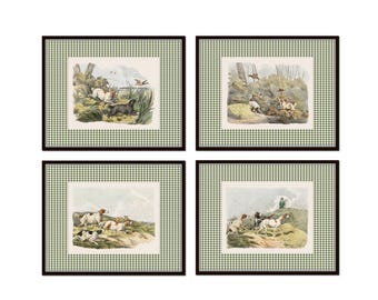 Vintage Hunting Dogs Print Set, Green Gingham Border, Giclee, Cabin Lodge Art