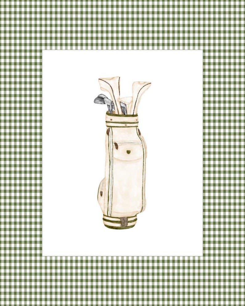 May include: A white golf bag with brown accents and a set of golf clubs inside. The bag is on a white background.