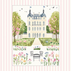 Puede incluir: Una ilustraci&oacute;n de acuarela de un edificio blanco con un techo gris y muchas ventanas. El edificio est&aacute; rodeado de &aacute;rboles verdes y arbustos con flores rosas. Hay dos bancos frente al edificio.