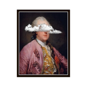 May include: A painting of a man in a pink and gold jacket with a white cloud covering his face.