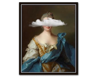 Puede incluir: Una pintura de una mujer con un vestido azul y dorado con una nube blanca que le cubre los ojos.