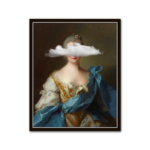 Altered Art French Portrait Painting, Head in the Clouds No. 1, Collage Art, Vintage Portrait, Wall Art, Surreal Art