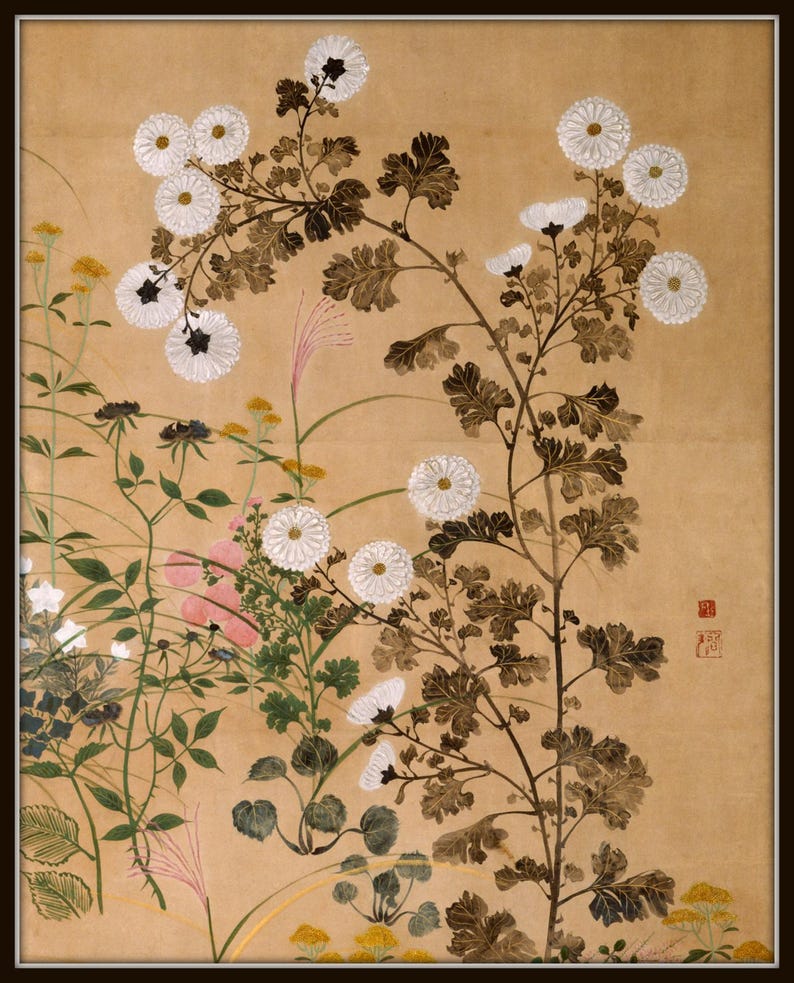 Pode incluir: Uma pintura floral japonesa antiga com flores de cris&acirc;ntemo brancas e v&aacute;rias outras plantas. A obra de arte apresenta pinceladas detalhadas e uma paleta de cores suaves de bege, castanho e verde, com um toque de rosa. A pintura &eacute; emoldurada em uma borda marrom escura.