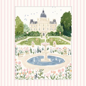 Puede incluir: Una ilustraci&oacute;n de acuarela de un edificio blanco con un techo de c&uacute;pula rodeado de un jard&iacute;n con una fuente en el centro. El jard&iacute;n est&aacute; lleno de flores rosas y blancas y arbustos verdes. Hay p&aacute;jaros azules volando en el cielo sobre el edificio.