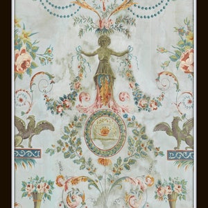 May include: A vintage wallpaper design with a central motif of a woman holding garlands, surrounded by floral patterns, birds, and a circular design with a sunburst. The wallpaper is painted in shades of green, blue, pink, and yellow.