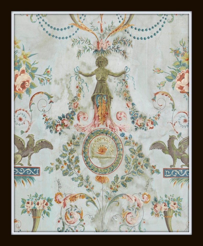 May include: A vintage wallpaper design with a central motif of a woman holding garlands, surrounded by floral patterns, birds, and a circular design with a sunburst. The wallpaper is painted in shades of green, blue, pink, and yellow.