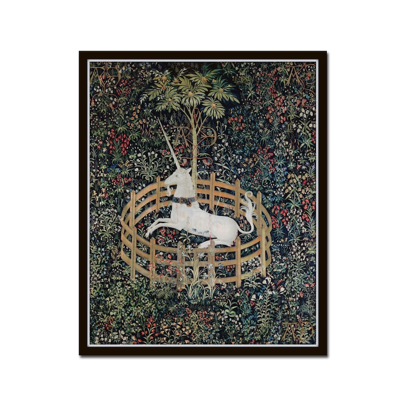 May include: A white unicorn trapped within a circular wooden fence, surrounded by a verdant forest teeming with colourful flowers and leaves. The unicorn is facing right and has a long, spiralled horn.