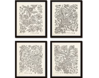 Vintage Textile Designs Print Set, Botanical Prints, Giclee, Art Prints, Vintage Textile Art, Wall Art, Giclee, Vintage Art, Botanical Art