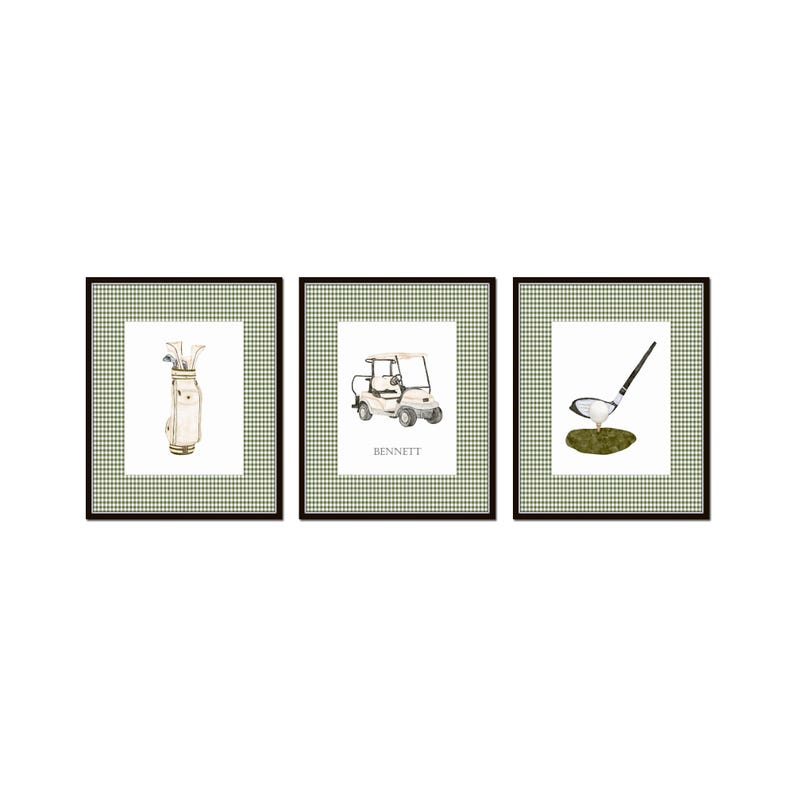 May include: Three framed prints with a green and white checkered background. The prints feature a golf bag with clubs, a golf cart, and a golf club with a ball on the green.