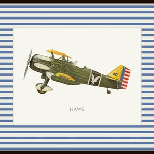 May include: An illustration of a vintage biplane, primarily olive green with yellow accents, and a red, white, and blue tail. The plane is set against a cream background, framed by a navy and white striped border. The word "HAWK" is printed below the plane.