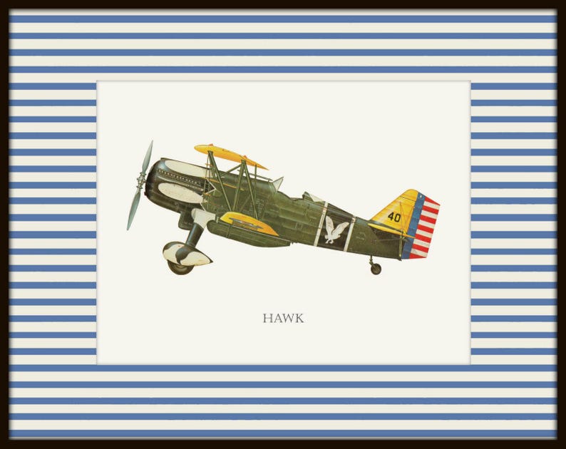 May include: An illustration of a vintage biplane, primarily olive green with yellow accents, and a red, white, and blue tail. The plane is set against a cream background, framed by a navy and white striped border. The word "HAWK" is printed below the plane.