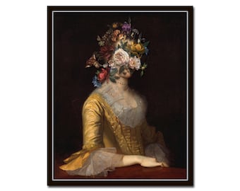 Botanical Altered Art Portrait No. 15, Vintage Lady Giclee Print, Moody Wall Art