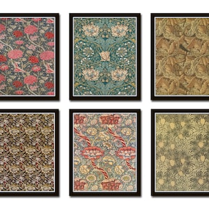 May include: Six framed prints of different floral patterns. The patterns are all in shades of green, brown, red, and white. The frames are black.