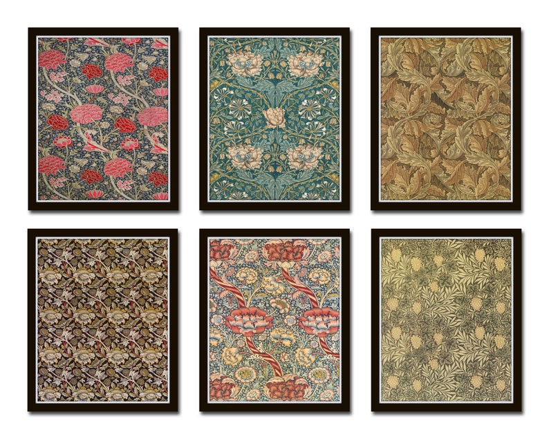 May include: Six framed prints of different floral patterns. The patterns are all in shades of green, brown, red, and white. The frames are black.