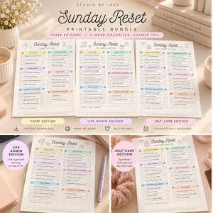 Könnte beinhalten: Ein druckbares Set aus drei Sunday Reset Checklisten mit den Titeln Home Edition, Life Admin Edition und Self-Care Edition. Jedes A4-Blatt enthält pastellfarbene Abschnitte mit Kontrollkästchen zur Organisation von Aufgaben und täglichen Routinen.