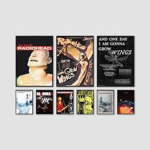 May include: A collection of nine framed Radiohead posters featuring various album and song artwork, including The Bends, OK Computer, and Let Down. The posters display diverse graphic designs, band photography, and text elements in black frames.