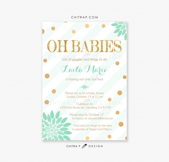twins baby shower invitations printed mint gold green etsy