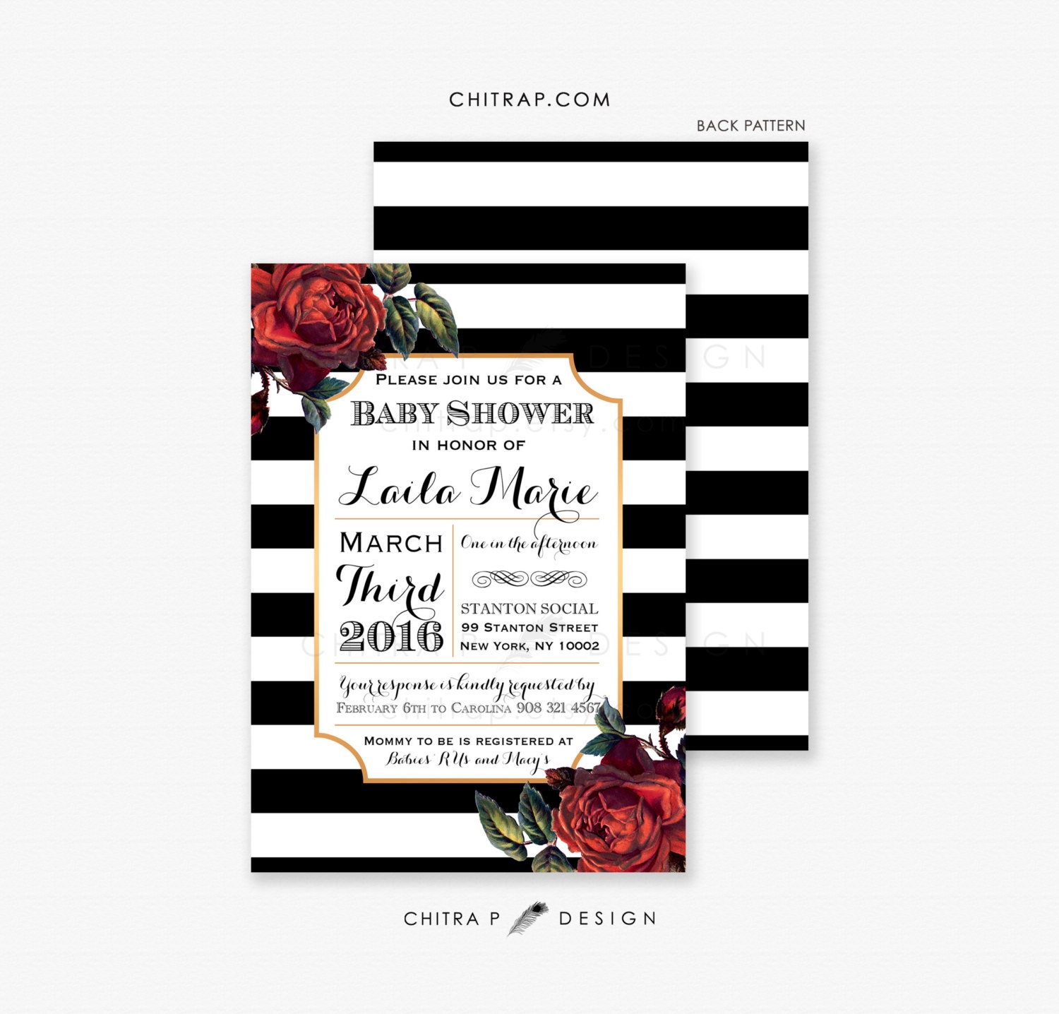 French Baby Shower Invitation Printed Red Rose Bridal