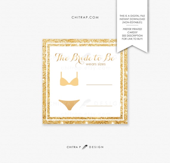Bridal Lingerie Size Insert Card - Printed | Printable, Gold Bridal Shower Invitation Glitter Bachelorette Bra Panty Modern Download #081 Il_570xn