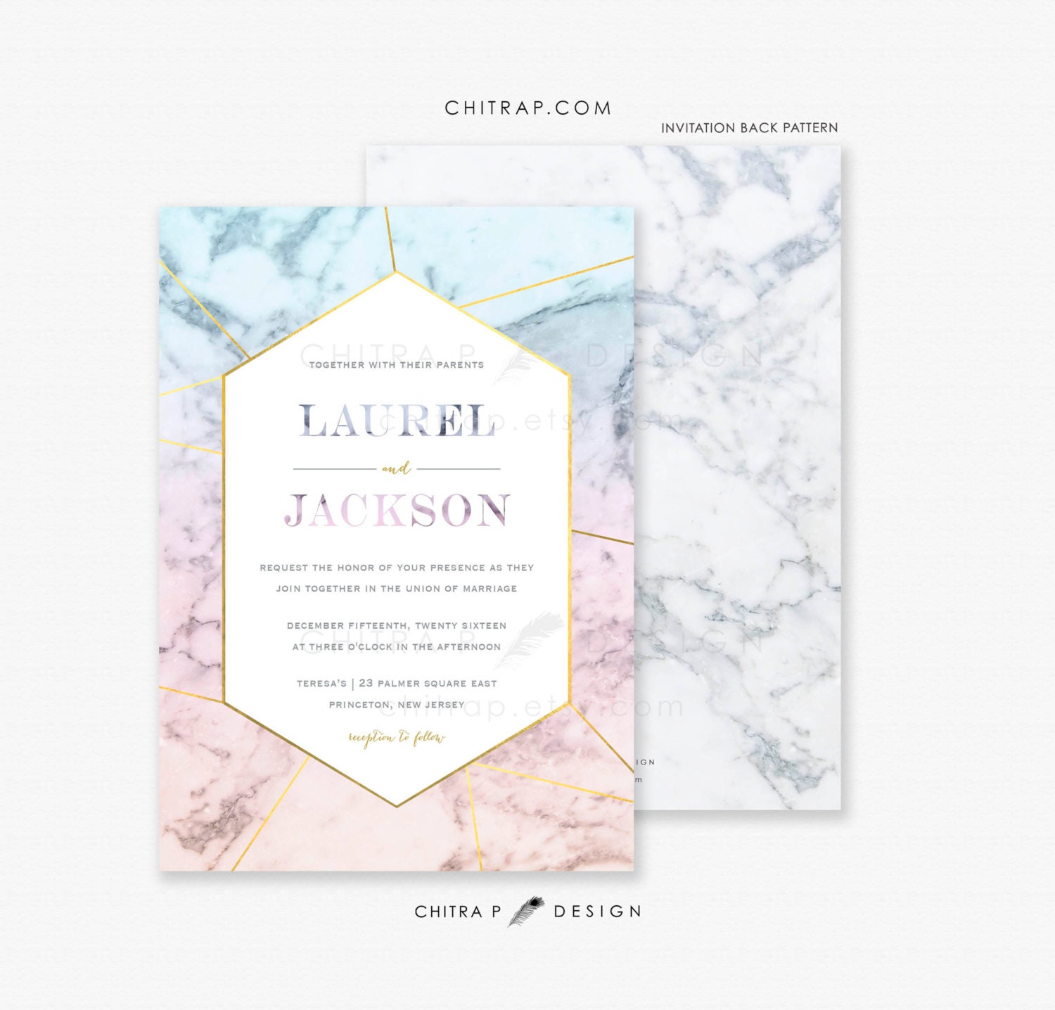 Marble Wedding Invitations Printed Agate Gold Azure Blue Etsy