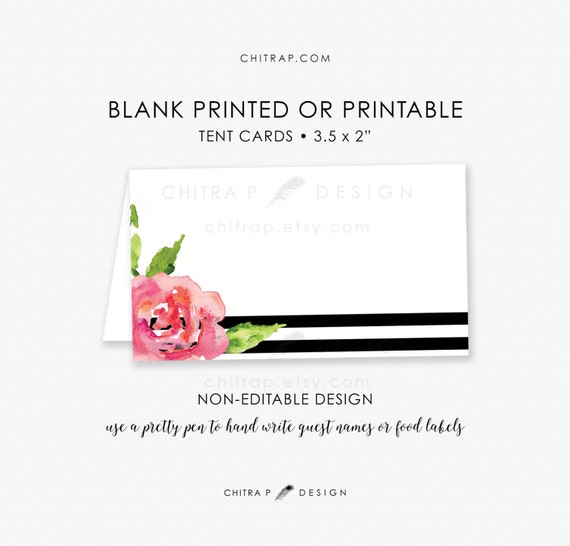 Black White Tent Cards - Printed|Printable, Blank Place Escort Buffet Food Label Watercolor Pink Kate Wedding Bridal Floral Rose w17 069 Il_570xn