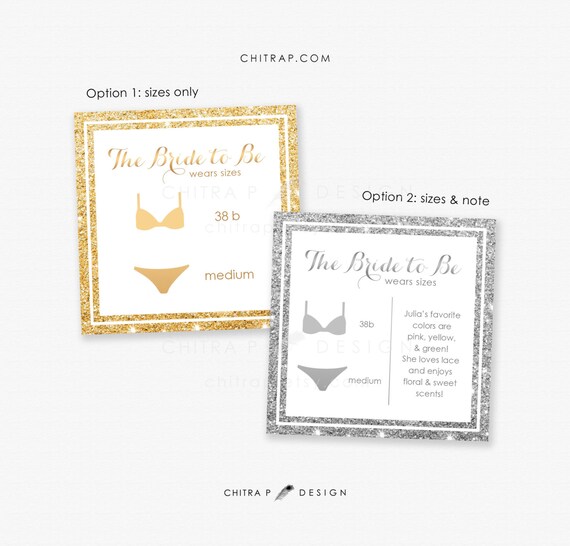 Custom Bridal Lingerie Size Insert Card - Printed or Printable, Gold Bridal Shower Invitation Bachelorette Bra Panty Modern Glitter #081 Il_570xn