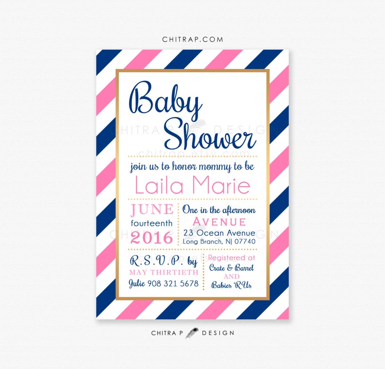 Gender Neutral Baby Shower Invitations #045 Printed Navy Pink Blue Sprinkle Twins Invite Reveal Bridal Couples Gold Girl Boy Striped
