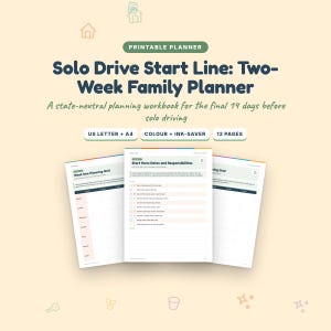 May include: A printable planner titled Solo Drive Start Line: Two-Week Family Planner, a state-neutral planning workbook for the final 14 days before solo driving. Includes US Letter and A4 sizes, color and ink-saver options, and 12 pages total.