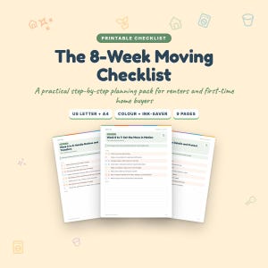 Könnte beinhalten: Eine druckbare 9-seitige Umzugs-Checkliste mit dem Titel The 8-Week Moving Checklist, ein Schritt-für-Schritt-Planer für Mieter und Hauskäufer. Enthält US Letter- und A4-Formate mit Farb- und Tintensparoptionen auf drei Dokumentenseiten.