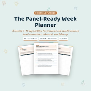 Peut inclure: Un planificateur imprimable intitulé The Panel-Ready Week Planner, proposant un flux de travail de 7 à 10 jours pour les preuves et les répétitions. Inclut les formats US Letter et A4, des options couleur et économie d'encre, et 12 pages.