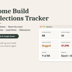 May include: A digital Home Build Selections Tracker spreadsheet template for Excel and Google Sheets. The interface displays 88 decisions, room-by-room tracking, deadlines, lead times, and allowances. A dashboard shows 88 decisions listed, 10 rooms covered, flagged long-lead items, $7,090 over allowance, 9 of 88 decided, and compatibility with Excel and Sheets.