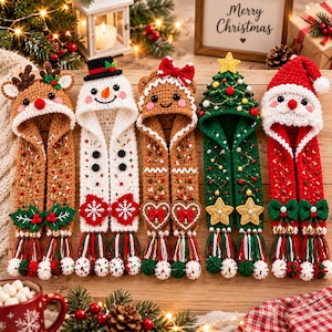 May include: Five crochet scarves featuring holiday characters: a reindeer, a snowman, a gingerbread person, a Christmas tree, and Santa Claus. Each scarf has a hood, decorative accents, and fringed ends with small pom-poms and bells.