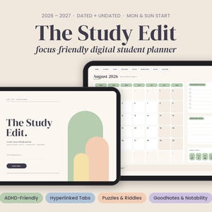 The Study Edit 2026 2027 Digital Planner, ADHD Student Planner, Dated & Undated, Monday Sunday Start, GoodNotes iPad Planner, Stickers