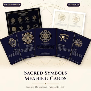 May include: A set of 16 printable cards and a poster featuring gold sacred symbols on dark blue backgrounds. The cards display icons like the Hamsa, Sri Yantra, Flower of Life, Eye of Horus, and Lotus with descriptive text and reflection prompts.